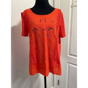 Democracy Women's Short Sleeve Cutwork Blouse Orange Size S Casual